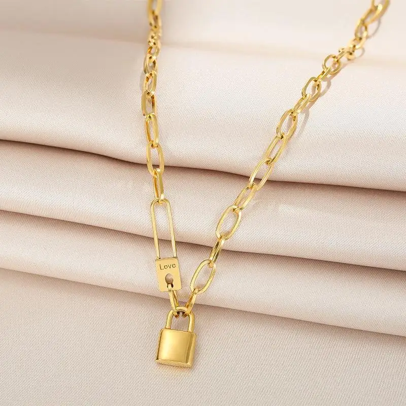 316L Stainless Steel Letter Love Lock Pendant Thick Chain Necklace Female Fashion Retro Exaggerated Punk Style Party