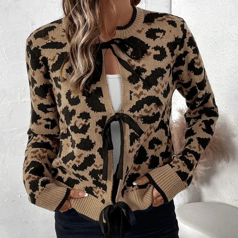 Leopard Print Bow Woolen Cardigan Autumn Winter European American Tie Knit Sweater Coffee Brown Long Sleeved Cardigan Top New