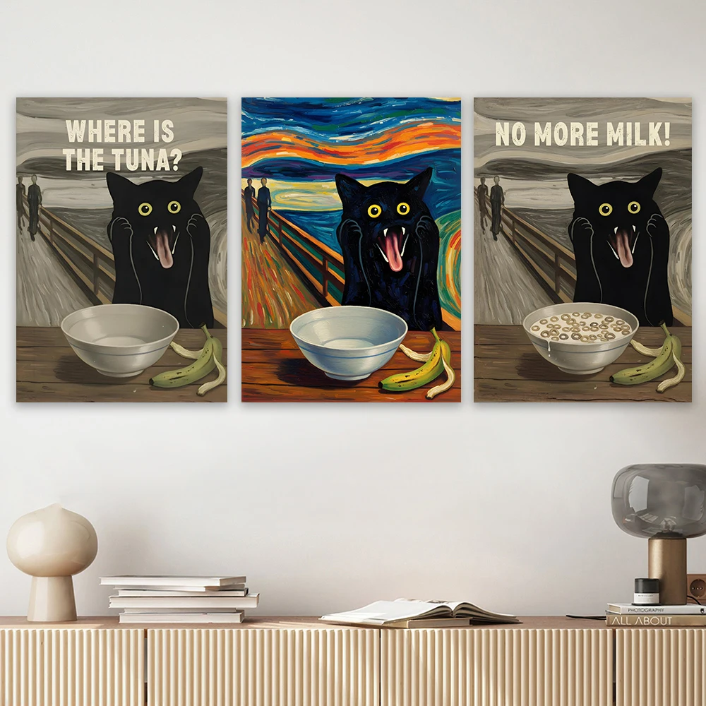 

Screaming Cat Art Print Poster Funny Cat Owner Gift The Scream Art Black Cat Poster Funny Words No More Milk Art Canvas Painting