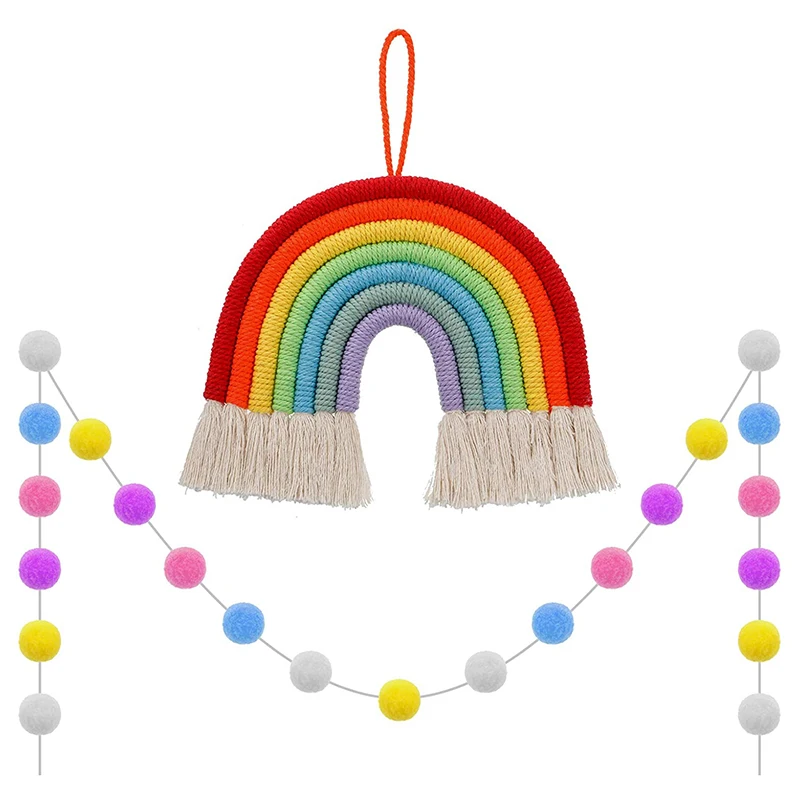 HOT SALE Rainbow Wall Hanging Decorations, Woven Cotton Rainbow Clouds Handmade Braided Cords Pom-Pom Macrame Wall Hanging Prop