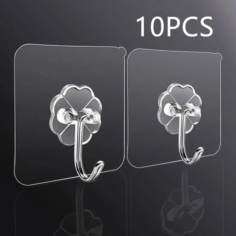 10PCS Transparent Stainless Steel Strong Self Adhesive Hooks Key Storage Hanger for Kitchen Bathroom Door Wall Multi-Function