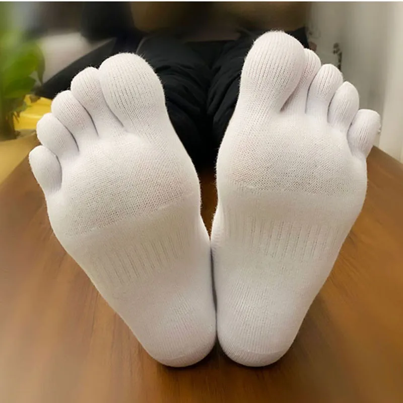 5 Pairs Long Mens Toe Compression Socks Cotton Solid Color Mid-Calf Mesh Breathable Sweat Absorbing Sport Five  Finger Socks Man