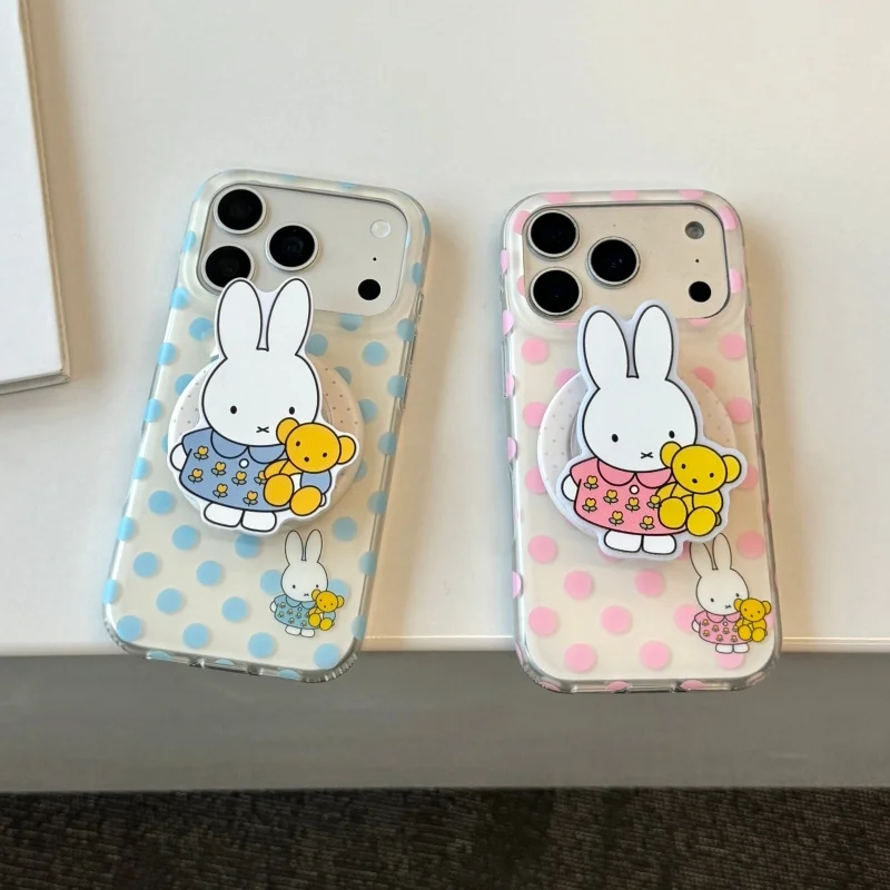 

Fashion Pink Blue Polka Dot Rabbit Magnetic Phone Case For iPhone 17 Pro 16 15 14 Pro Max Cover with Stand Holder For Magsafe Fu
