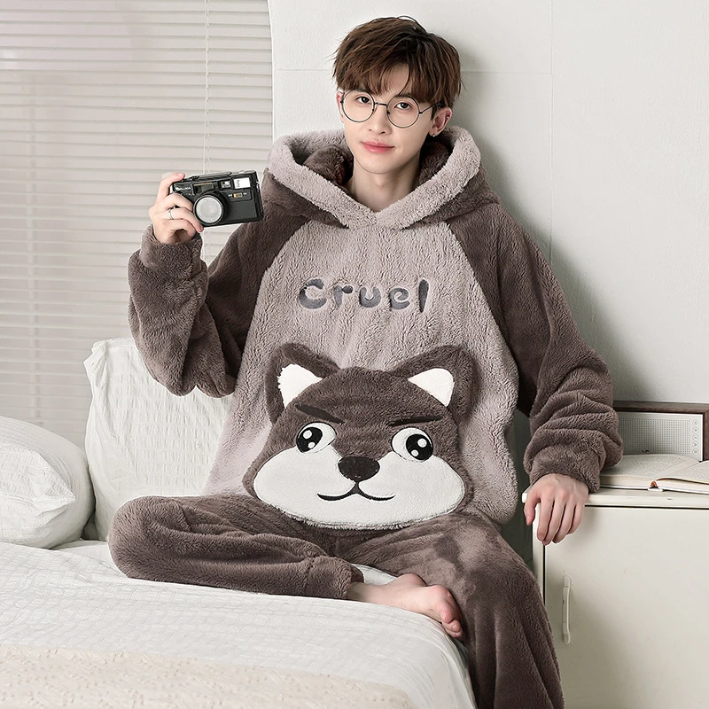 

Animal Dog Winter Men Pijama Sets Thicken Soft Sleepwear Hooded Pyjama Male Loungewear Coral velvet Men's Pajamas Warm Homewear