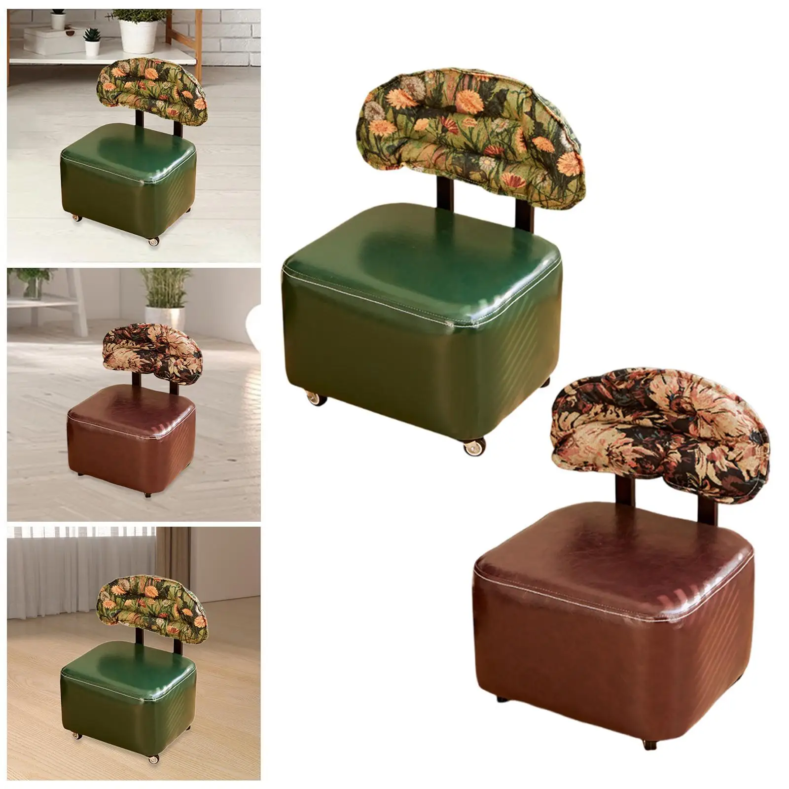 

Квадратный табурет на колесиках, маленький 360° ° Поворотные колеса из искусственной кожи со спинкой, подставкой для ног для магазина, домашнего спа-массажного салона