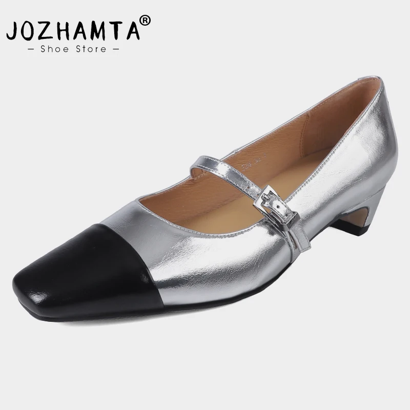 JOZHAMTA Genuine Leather Women Pumps Spring 2025 Buckle Strap Chunky Mid Heels Shoes Classic Square Toe Office Lady Size 34-40