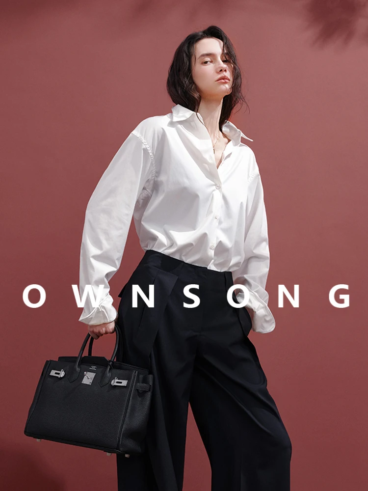 

OWNSONG Белая шифоновая рубашка свободного кроя с защитой от морщин, весенняя коллекция, с длинным рукавом, острым воротником, на пуговицах, для офиса