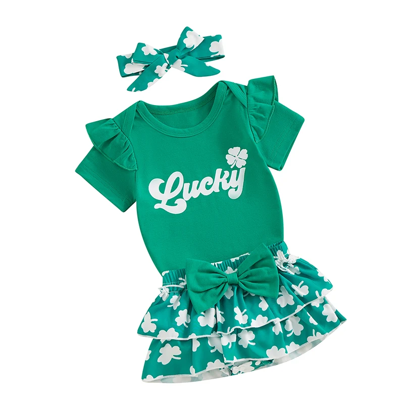 3PCS Set Summer Baby Girls Shorts Set Short Sleeve Letters Print Romper with Shamrock Skort Hairband St. Patrick 's Day Outfit