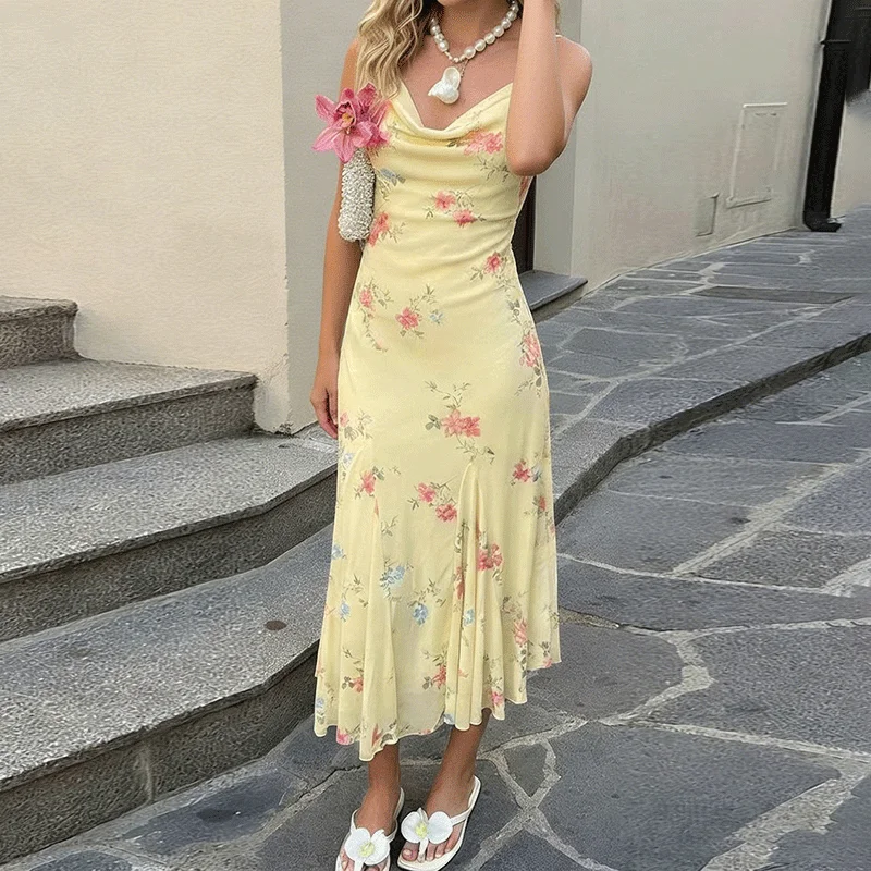 

Ticketsx Summer Printed Sling Dress Women’s Backless Ruched Patchwork See Through Slim Long Dress Fashion Beach Vacation Dresses