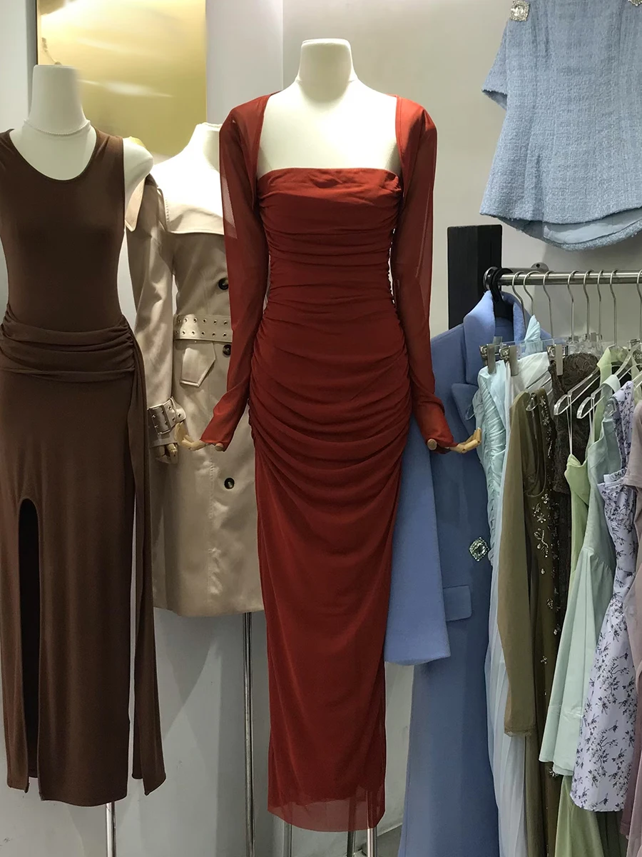 VGH Sexy Red Color Sheer Mesh Long Dress for Women Square Collar Long Sleeve High Waist Folds Evening Formal Gown Female Fashion