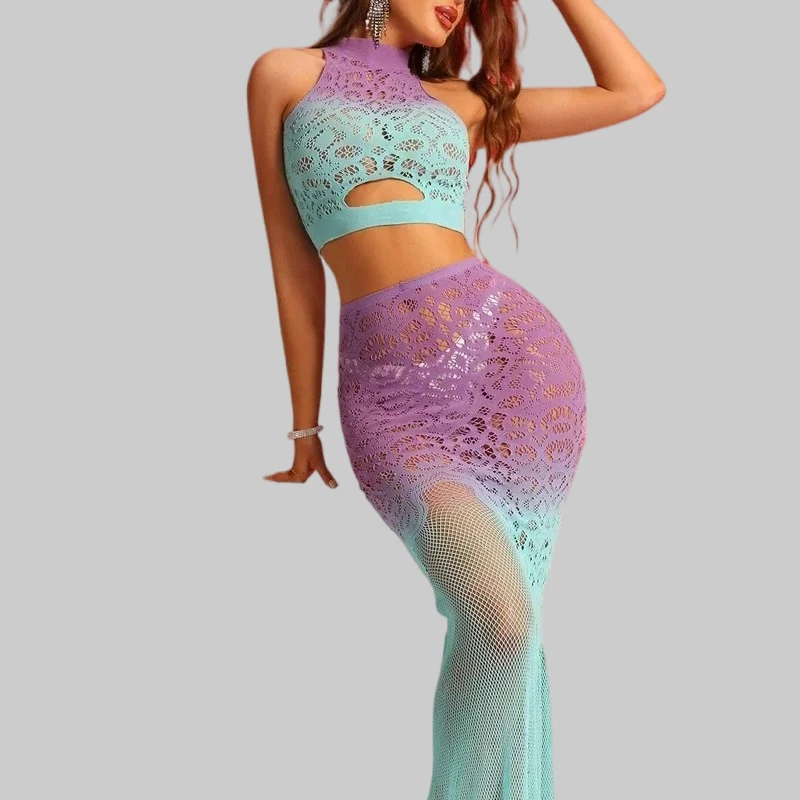 

Toucheart Gradient Color Fishnet Bodysuit Women Hollow Out Sexy Lingerie Rainbow Bodystocking Mesh Perspective Erotic Underwear