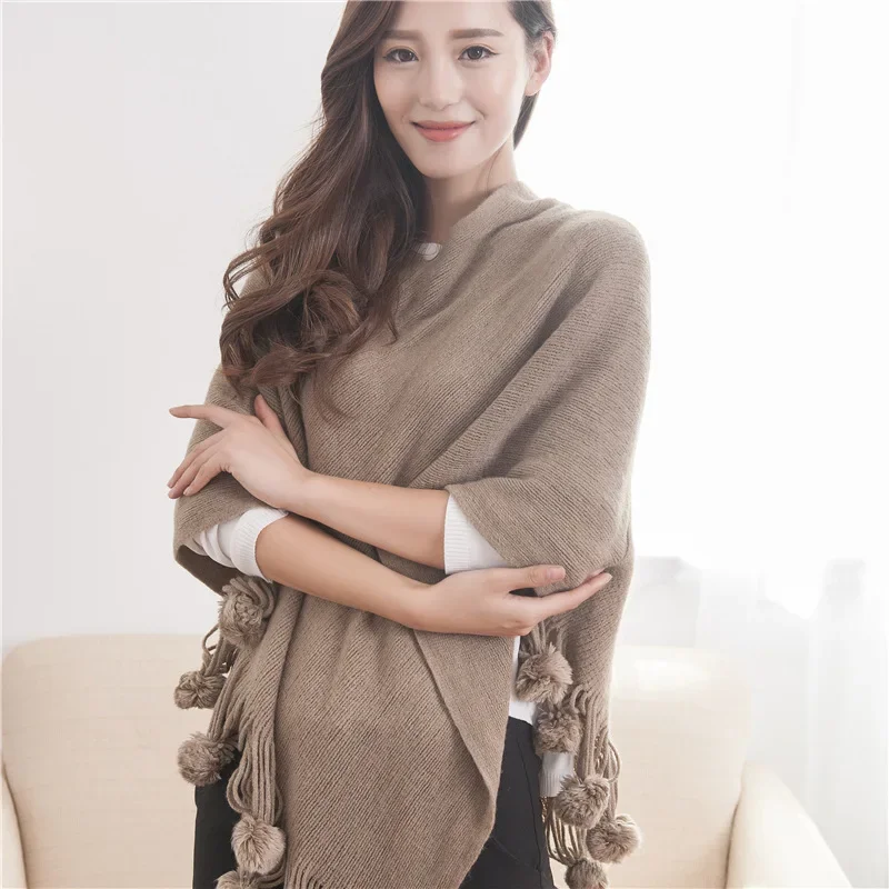 Korean Version Of Spring Autumn Women Shawl Hanging Ball Solid Color Knitted Hanging Ball Cloak Lady Coat Leisure Khaki