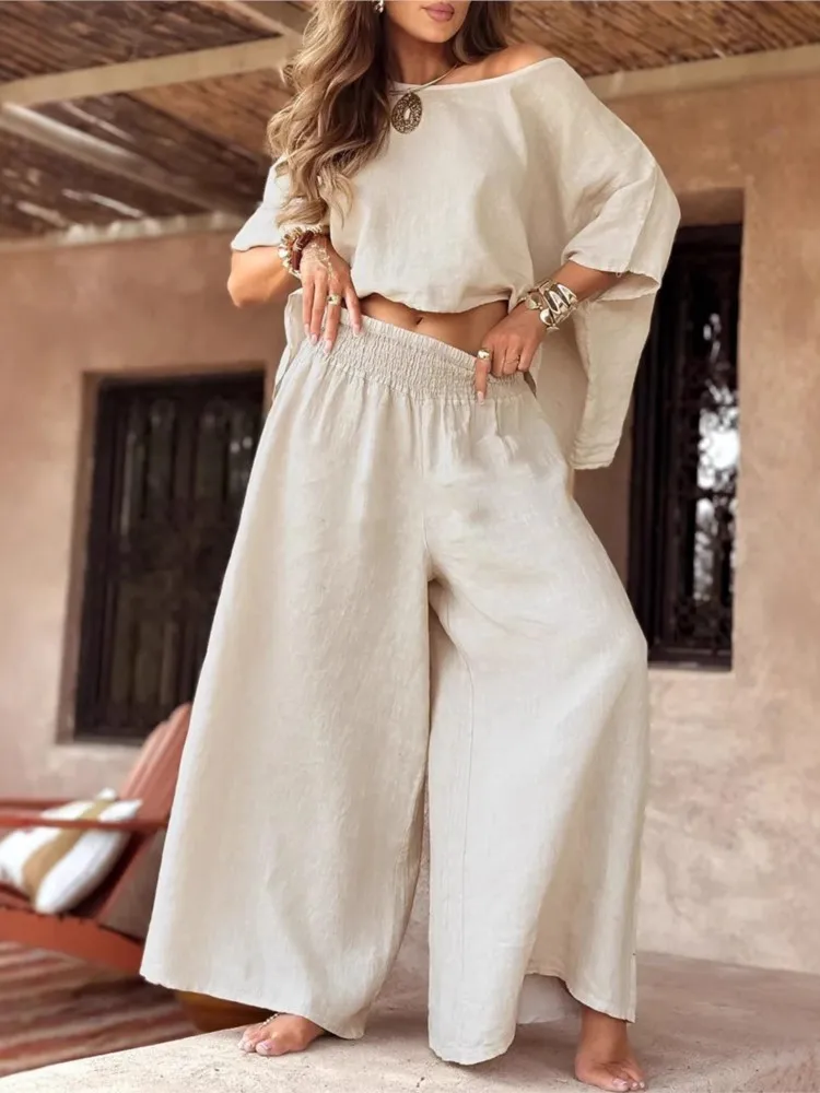 

2025 Spring Cotton Linen Women Suit White Oversize Loose Top Wide-leg Pants Set Female Summer Trendy Casual Elegant Suits Ladies