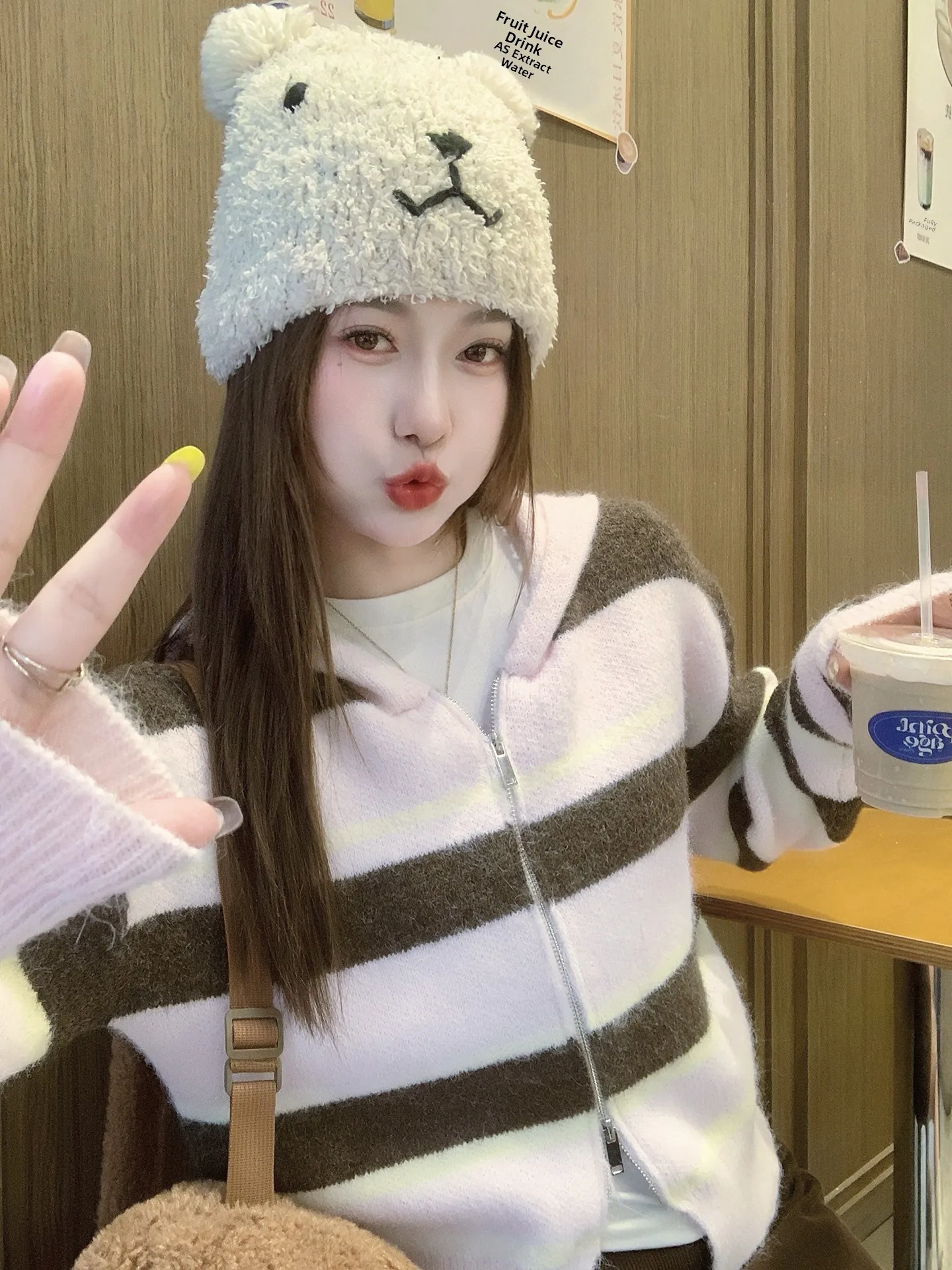 

Korean Sle ort Knitted Hat Sweater Women's Winter Outerwear Striped Zipper Cardigan Regular Fit Long Sve round Ne