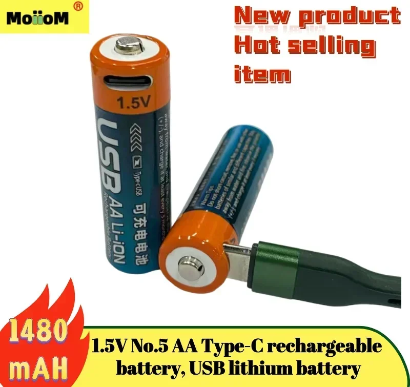 New MoiioM1.5V Type-C rechargeable battery AA 1480mAh USB constant voltage fast charging lithium battery 14500+charging cable