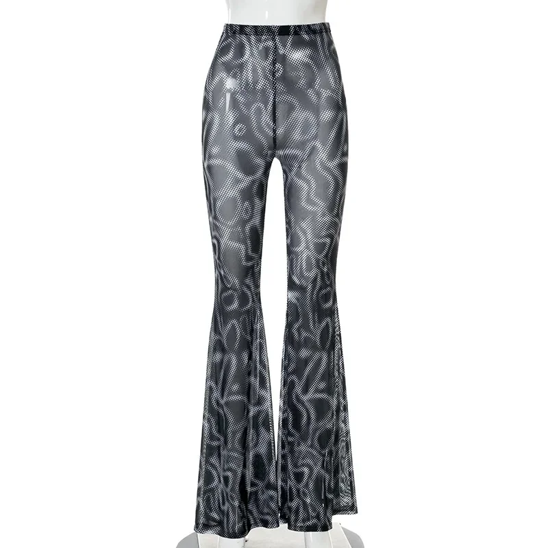 Cyber Mesh See Through Women Falre Pants Gothic Punk Sexy High Waist Trousers Techwear Printing Streetwear Clothes