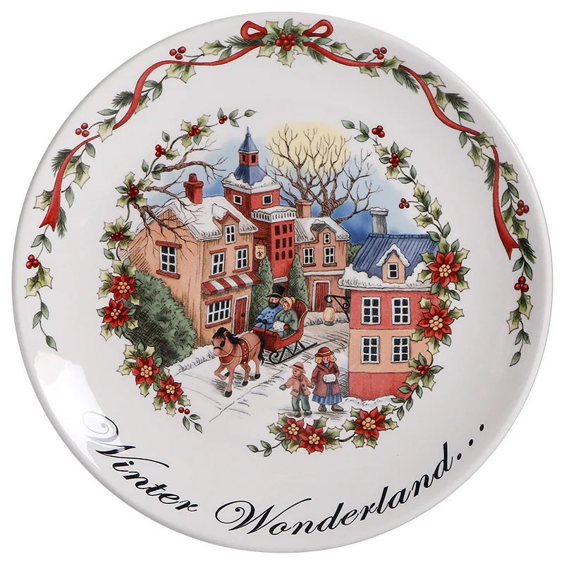 

European Style Ceramic Flat Plate Creative Christmas Round 8.6 Inch Dining Plate