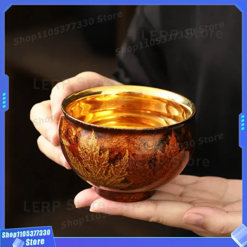 Handmade Lacquer Gilt Ceramic Teacup Gold Leaf Wood Pattern Master Cup Personal Single Tea Cup for Kung Fu Tea Ceremony