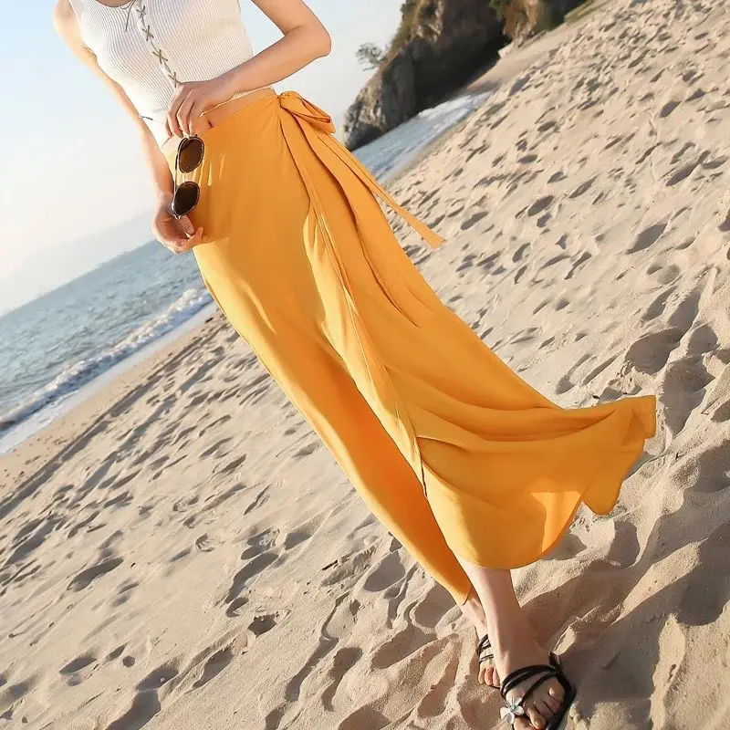 Vendita calda primavera maxi gonne lunghe in chiffon plus size vita alta regolabile gonne da spiaggia bohémien eleganti gonne da festa