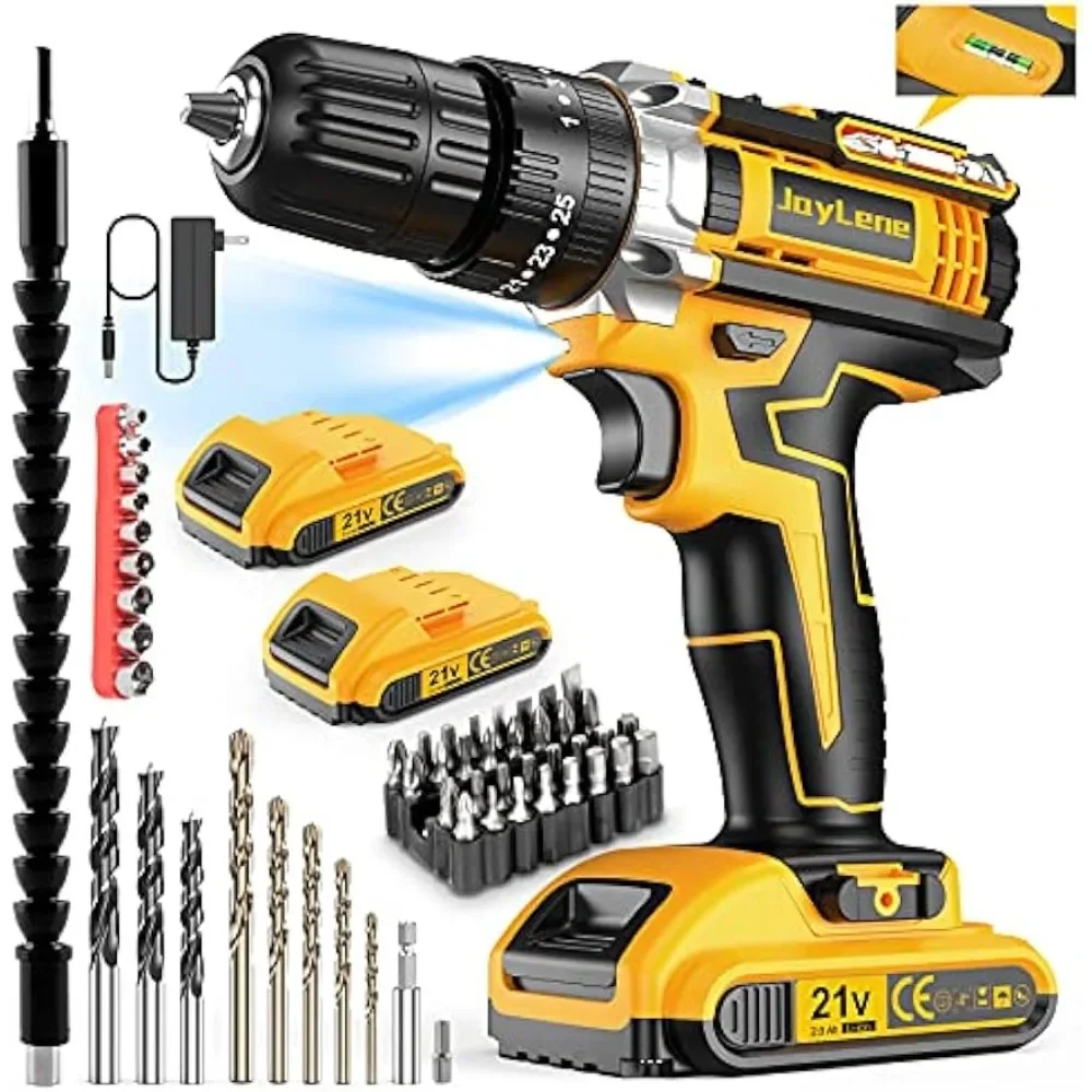 For 21V Cordless Drill Set, Power Drill 59Pcs with 3/8 Inch Keyless Chuck, 25 3 Clutch Electric Drill with Work Light, Max