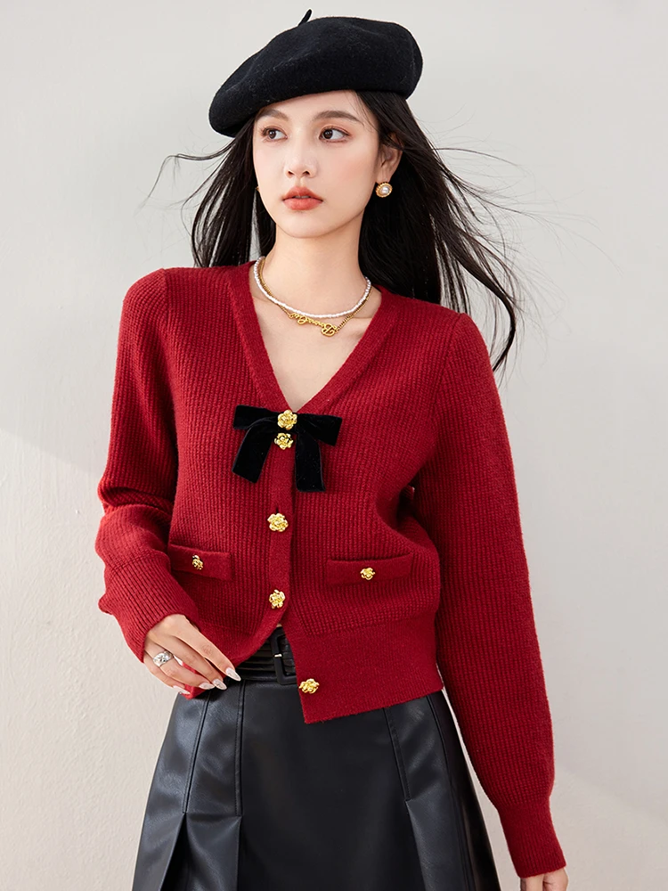 2024 Autumn/Winter Korean Sweet Knitted Cardigan Gentle Style Long Sleeve V-neck Sweater Women\'s Solid Color Button Coat Top