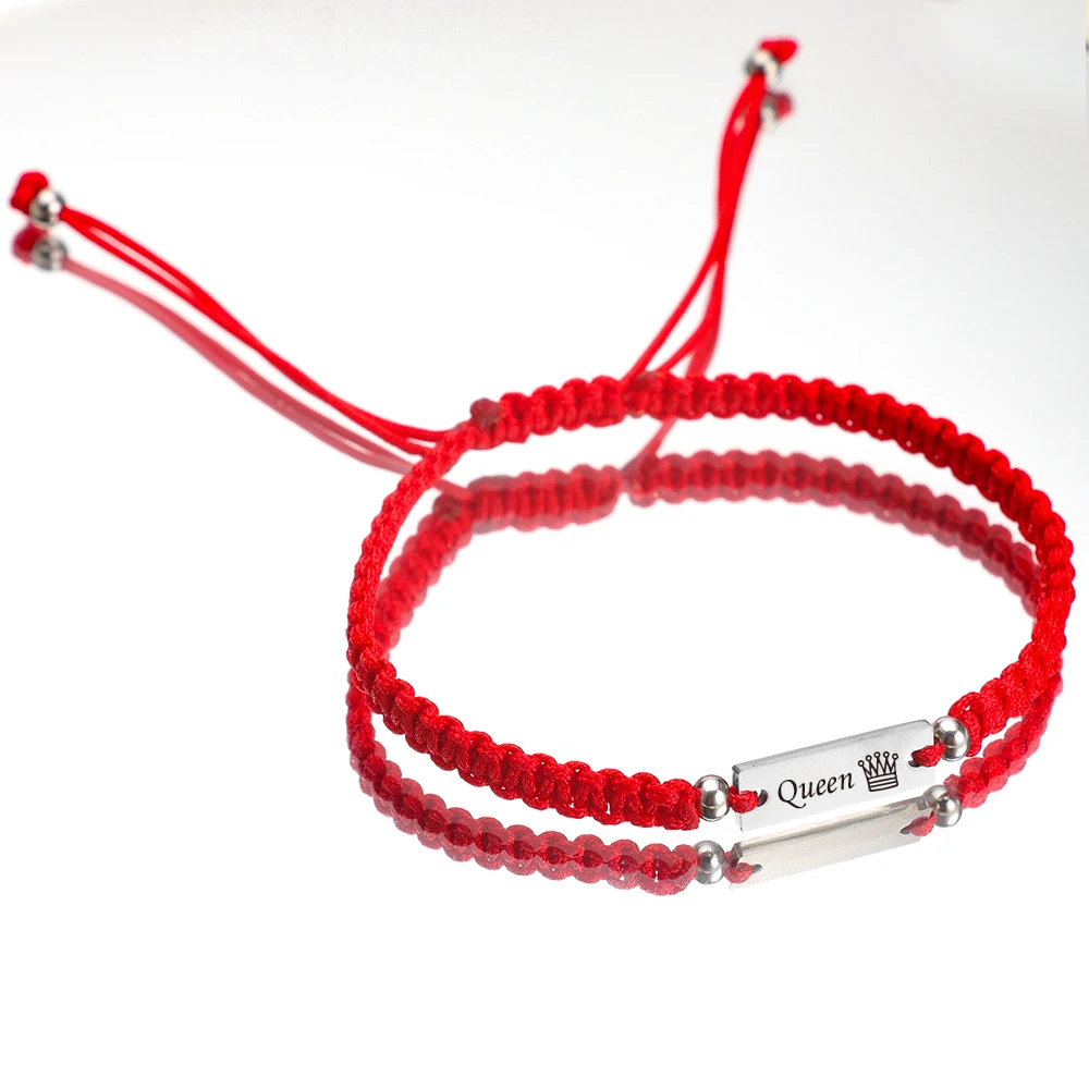 2pcs Stainless Steel Nameplate Couple Woven Bracelet KING QUEEN Red Rope Lucky Hand Rope Jewelry Gift for Men and Women