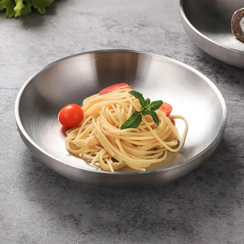 Tableware Double Layer 304 Stainless Steel Dishes Anti Scalding Round Dinning Plate Thickened Drop-proof Steak Plate Camping