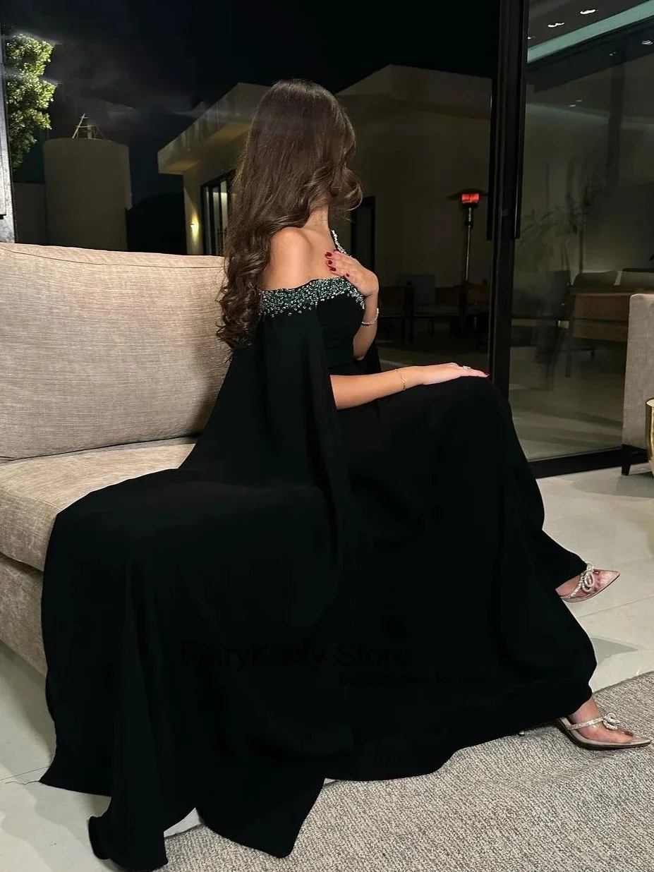 FairyKissy Saudi Arabia Women Prom Dresses Formal Luxury Evening Dresses Beaded Crystals Floor Length Pleated Black Party Dress