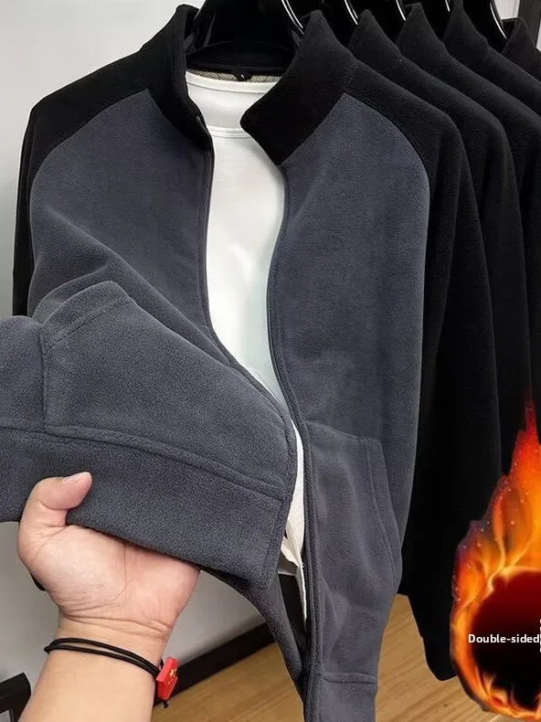 Thickened Double-sided Fleece Hoodie Men's Autumn Winter Warm Outerwear Stand Collar Jacket Color Block Outdoor Clothing