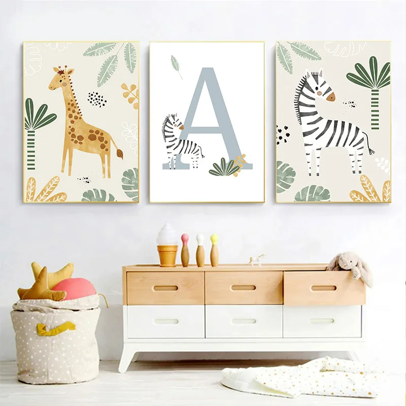 Baby Name Customized Poster Jungle Animals Lion Zebra Elephant Canvas Painting Kis Bedroom Wall Art Print Pictures Nursery Decor