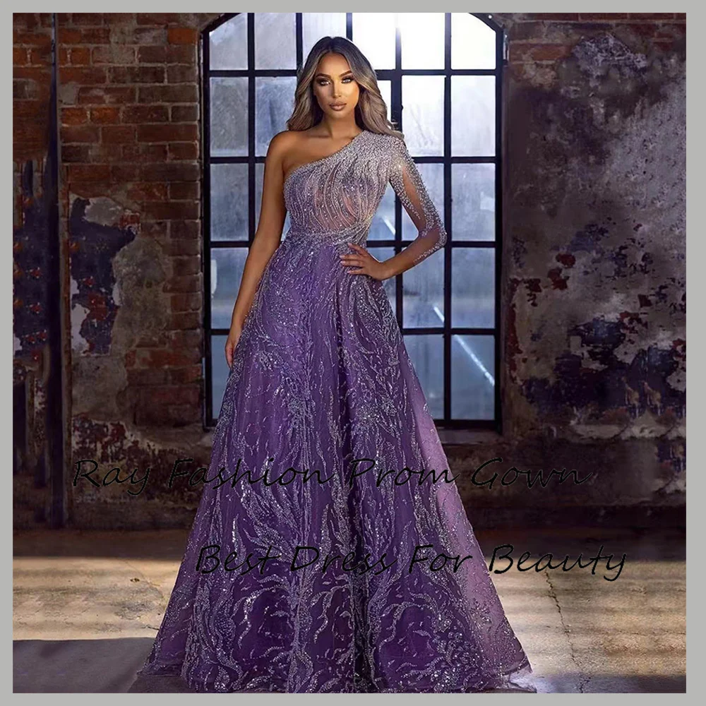 Amazing A Line Prom Dress Lace Sequins One Shoulder Sleeve Pretty Zipper Back Robe De Bal Floor Length Formal Party Evening Goen