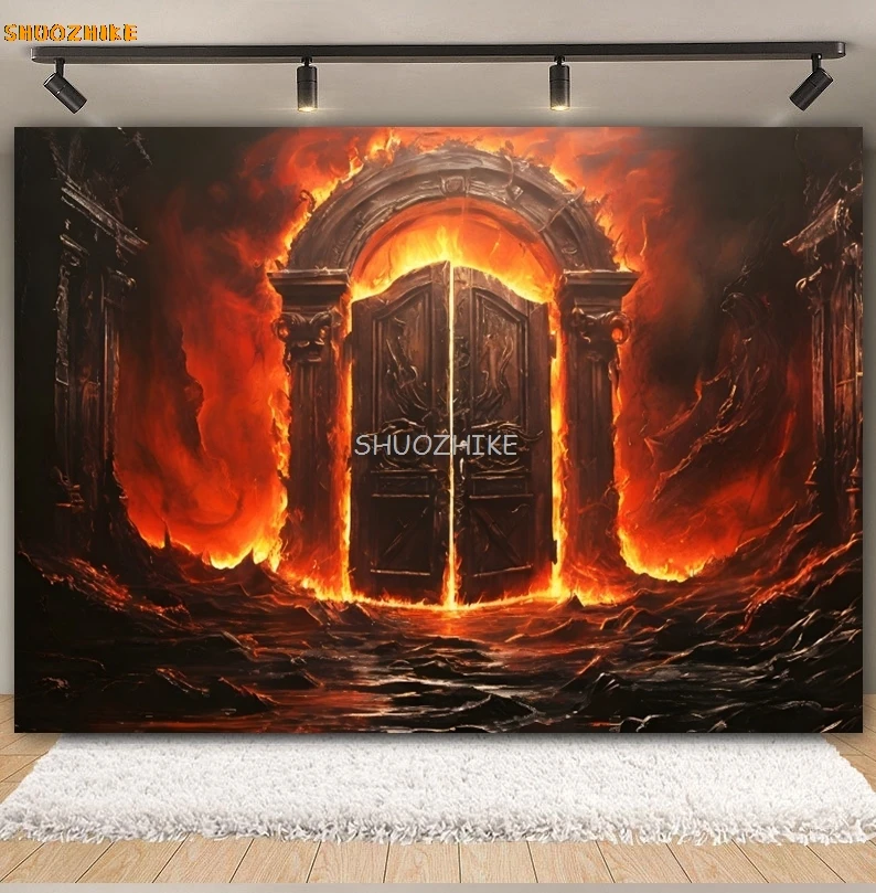 Hell Gate Hellfire Halloween Backdrop Horror Hell Flame Gate Grim Reaper Halloween Party Photography Background Photo Studio
