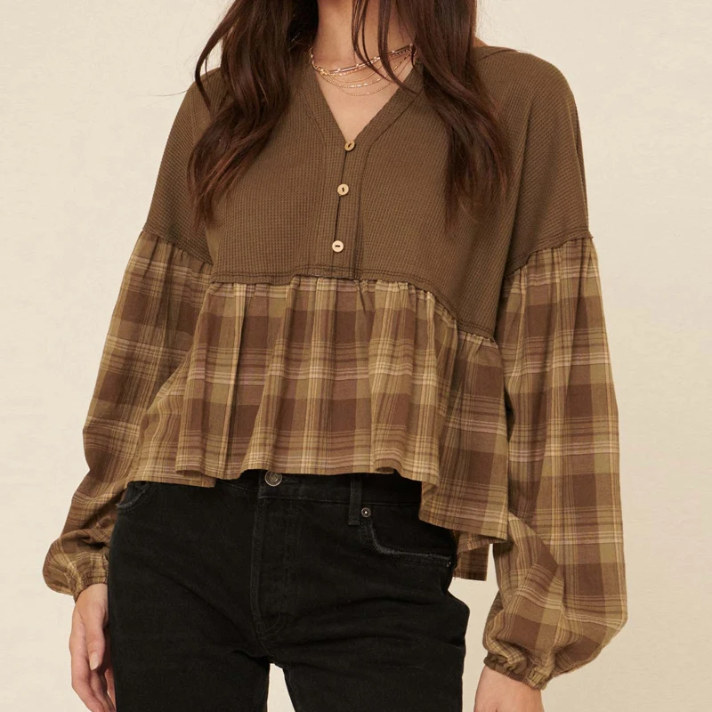 

Женская блузка с баской, топы, фонарик, длинный рукав, v-образный вырез, футболка на пуговицах, Женские винтажные свободные кроп-топы