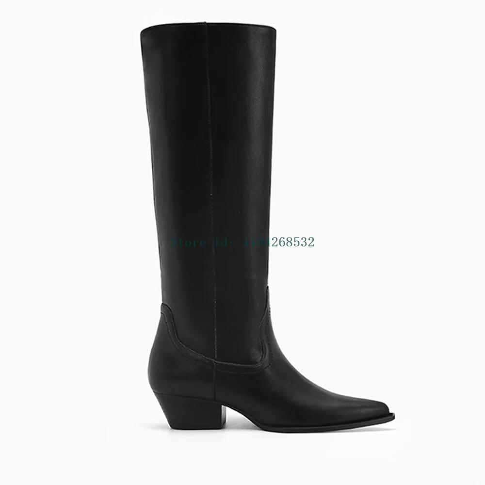 Botas altas de couro genuíno até o joelho, bico fino, salto quadrado, costura sólida, recém-chegados, moda feminina, botas de motocicleta