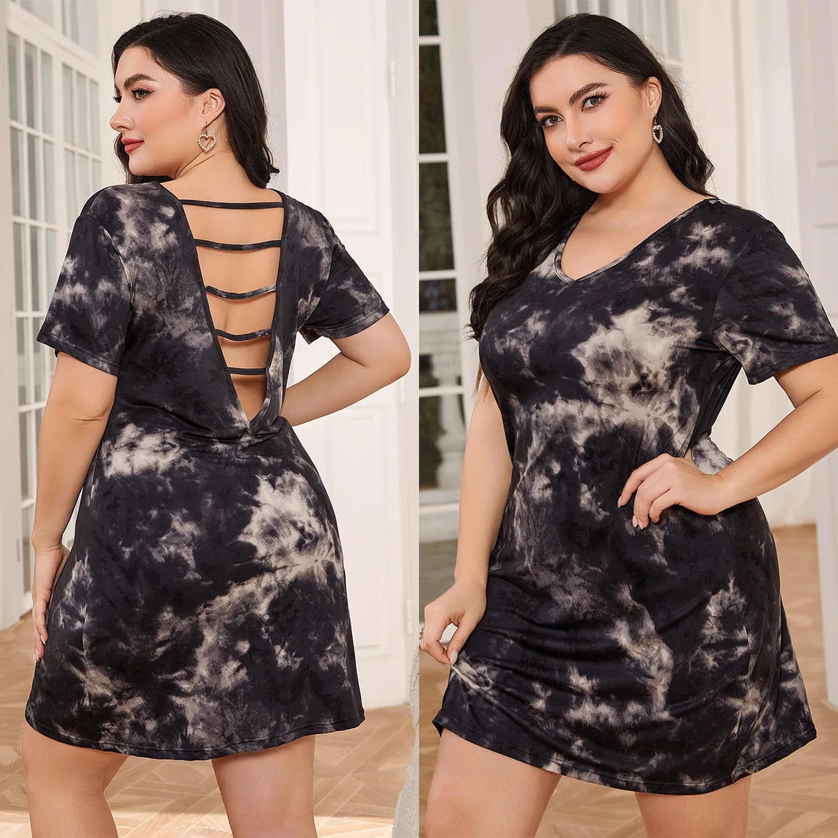 

Summer Leaky Back V-Neck Nightdress Tie Dyed Sexy Nightgown Women Plus Size 5XL Nightwear Loose Casual Homewear Female Sleepwear