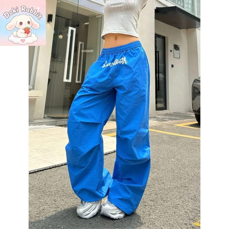 Autumn American Retro New Letter Print Blue Wide Leg Pants Women  Loose Smooth Laid-back Floor-length 2026 Y2k Retro Style Pants
