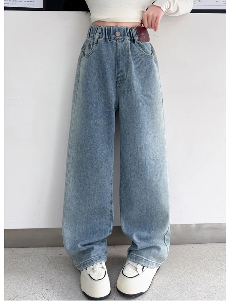 Klassische blaue High-Waist-Jeans mit geradem Bein für Mädchen, neue modische Slim-Fit-Denimhose, einfache Jeanshose für Kinder. – Detail 2