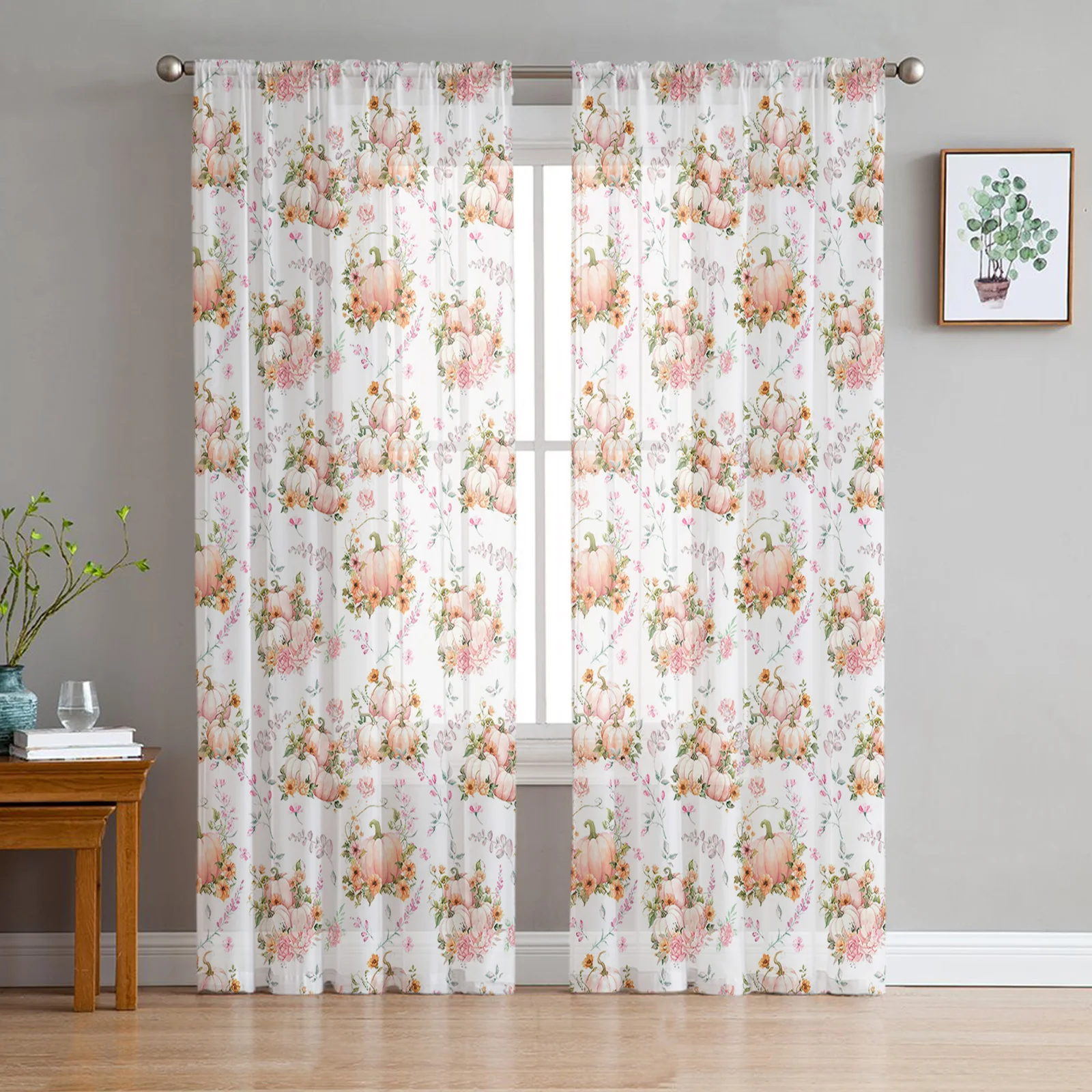 

Thanksgiving Pumpkin Flowers Sheer Curtains for Living Room Bedroom Tulle Curtain for Kitchen Voile Curtain Blind Panels