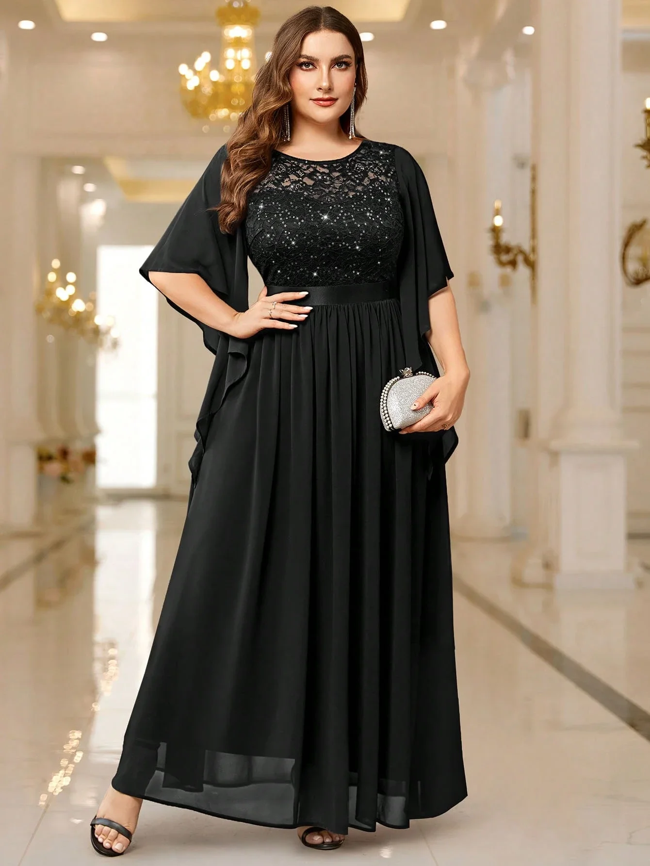 

Elegant Sequin Lace Chiffon Butterfly Sleeve Formal Party Long Dress For Wedding Guest