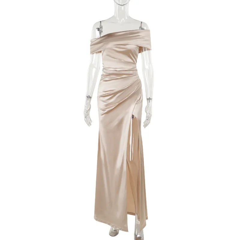Abito da sera elegante da donna per l'autunno, in raso, senza maniche, con schiena scoperta, spacco laterale e arricciature, abito lungo da club per l'autunno