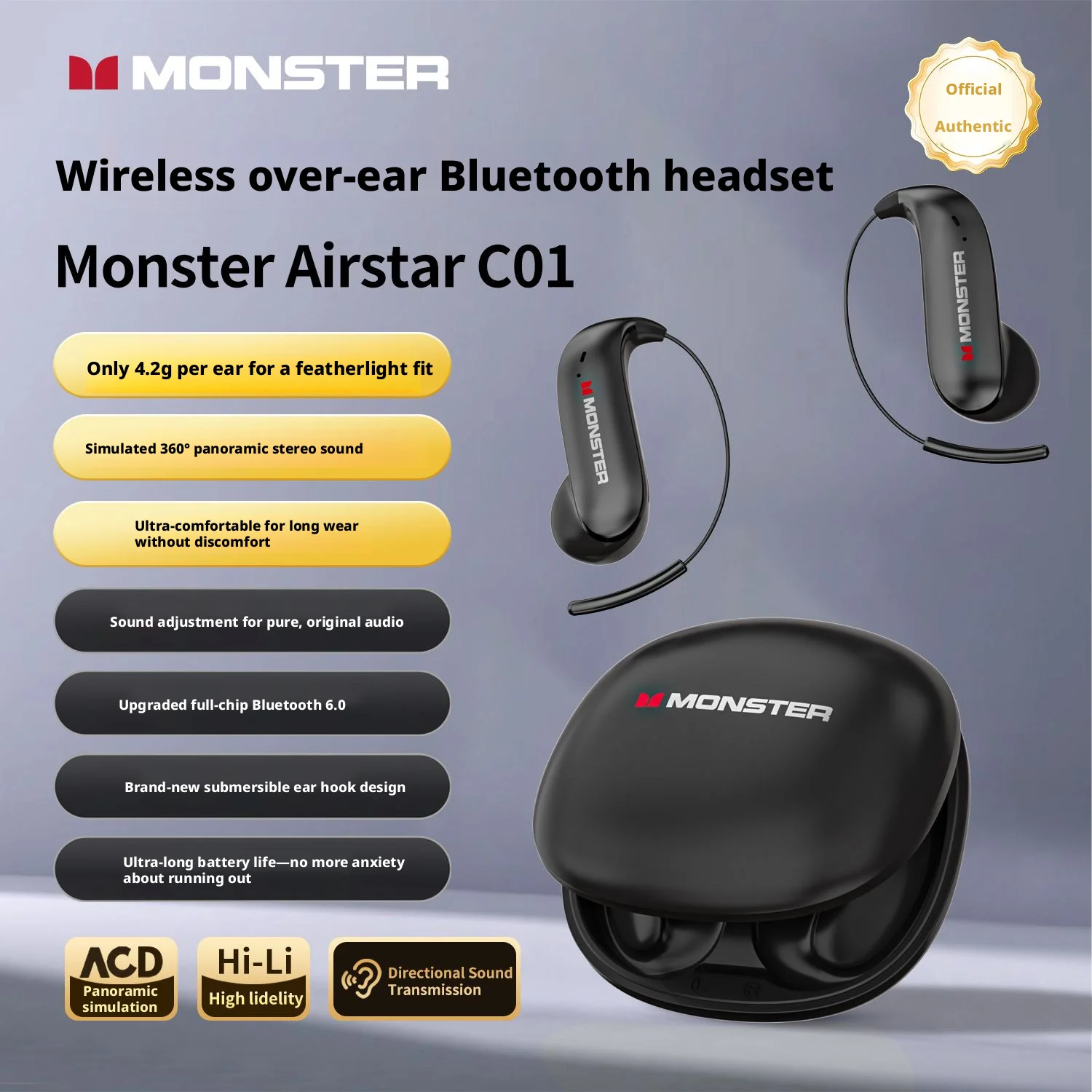 MONSTER C01 Zero Burden Bluetooth 6.0 Open Ear HD Call Dual Mic Long Battery Pain Free Ear Hook wireless earphones