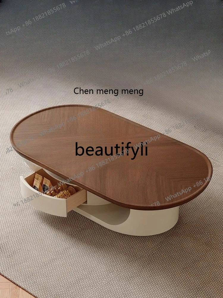 Walnut solid wood, modern simple small apartment living room for home use, oval cream medium and ancient coffee table