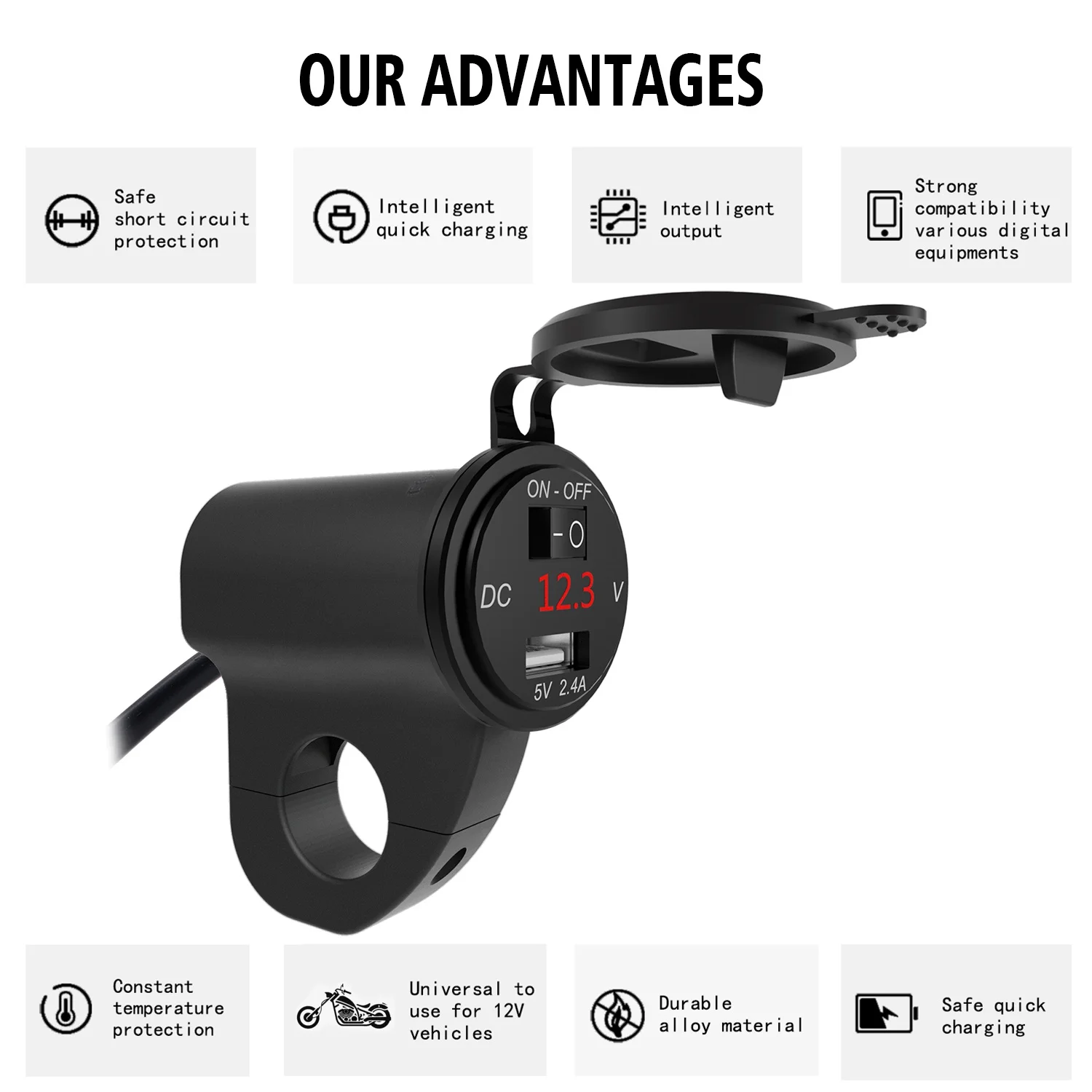 Motorcycle USB Charger Waterproof Mobile Phone Adapter Digital Display Car Fast Charger with Power Off Switch