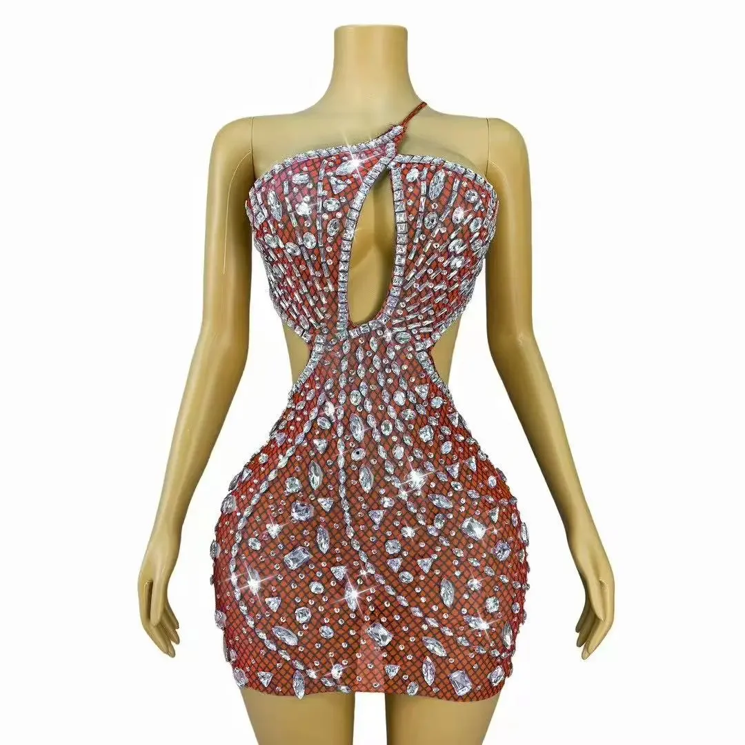 

Sparkly Rhinestones Summer Short Dress for Women Sexy Mesh Transparent Celebrate Evening Birthday Dress Photo Shoot Wear