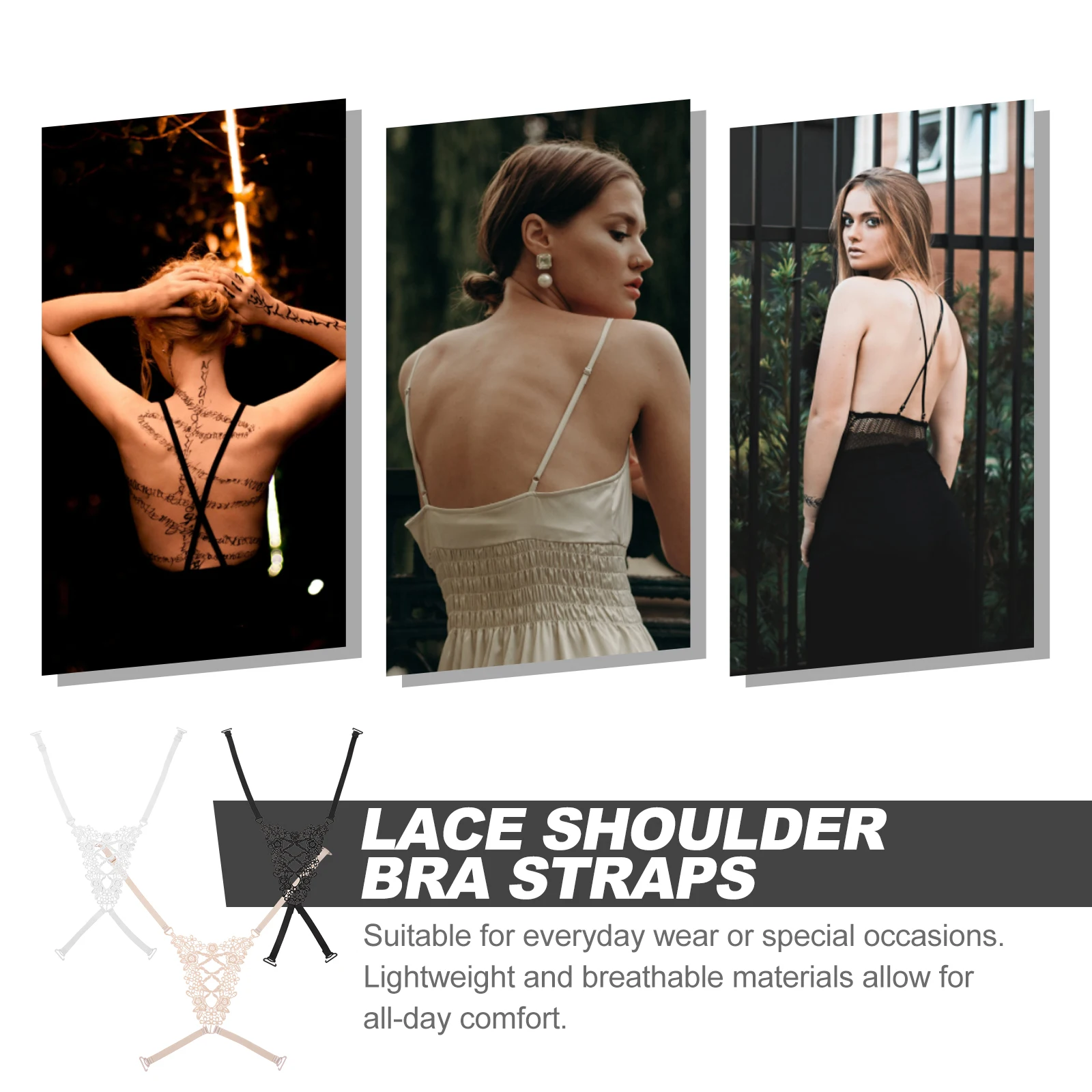 

3Pcs Adjustable Beautiful Shoulder Straps for Dress Removable Tape Black Comfortable