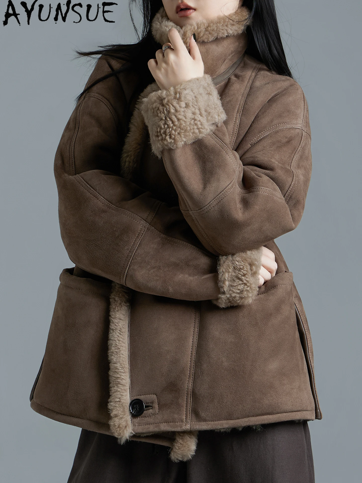 

AYUNSUE Natural Sheepskin Fur Coat Women Warm Real Fur Coats Winter Clothes Woman Mid-length Genuine Leather Jacket Шуба Женская