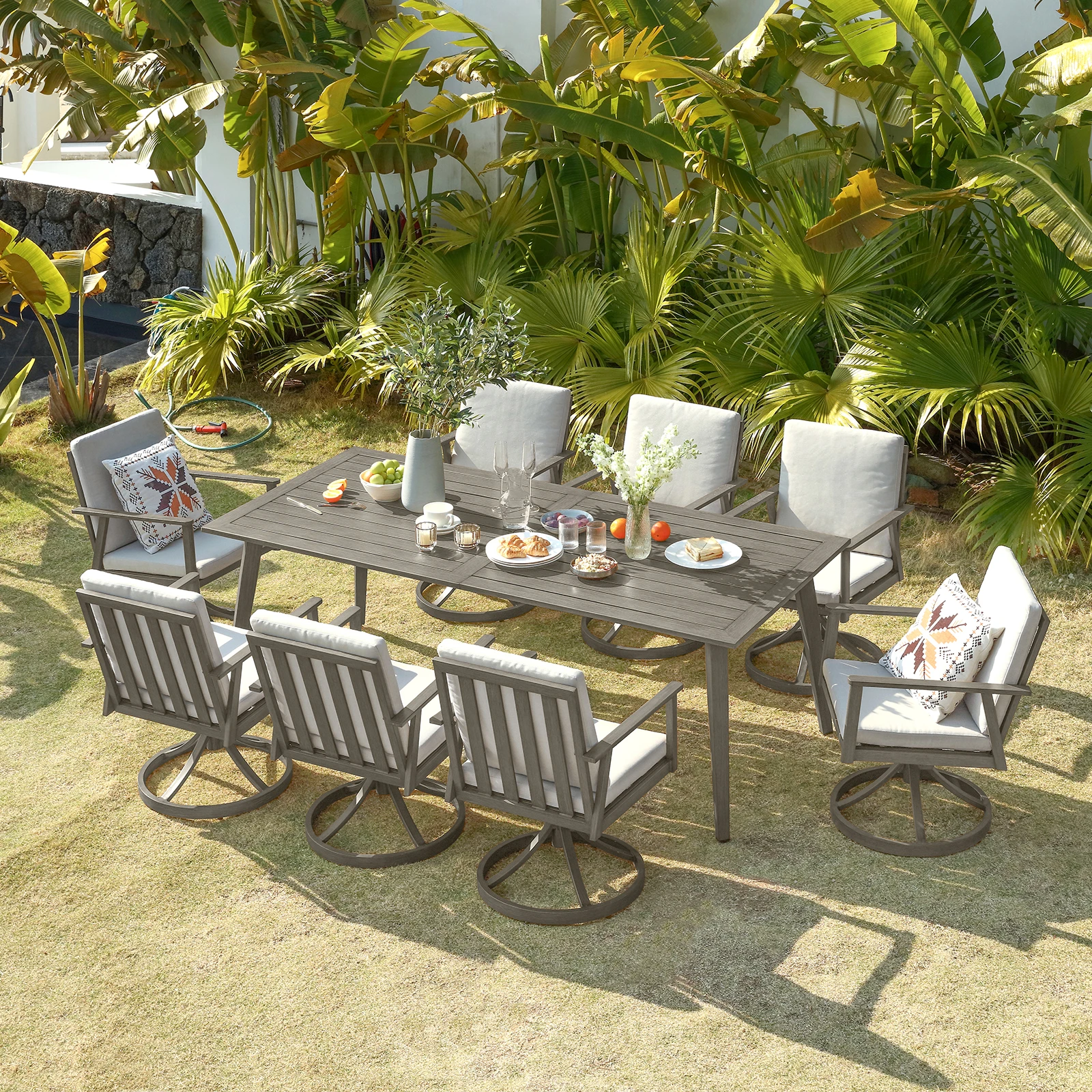 8-مقعد جميع الأحوال الجوية مزرعة فناء الطعام مجموعة 9 قطع طاولة حديقة خارجية مع كراسي دوارة بفتحة مظلة لمدارس الفنادق