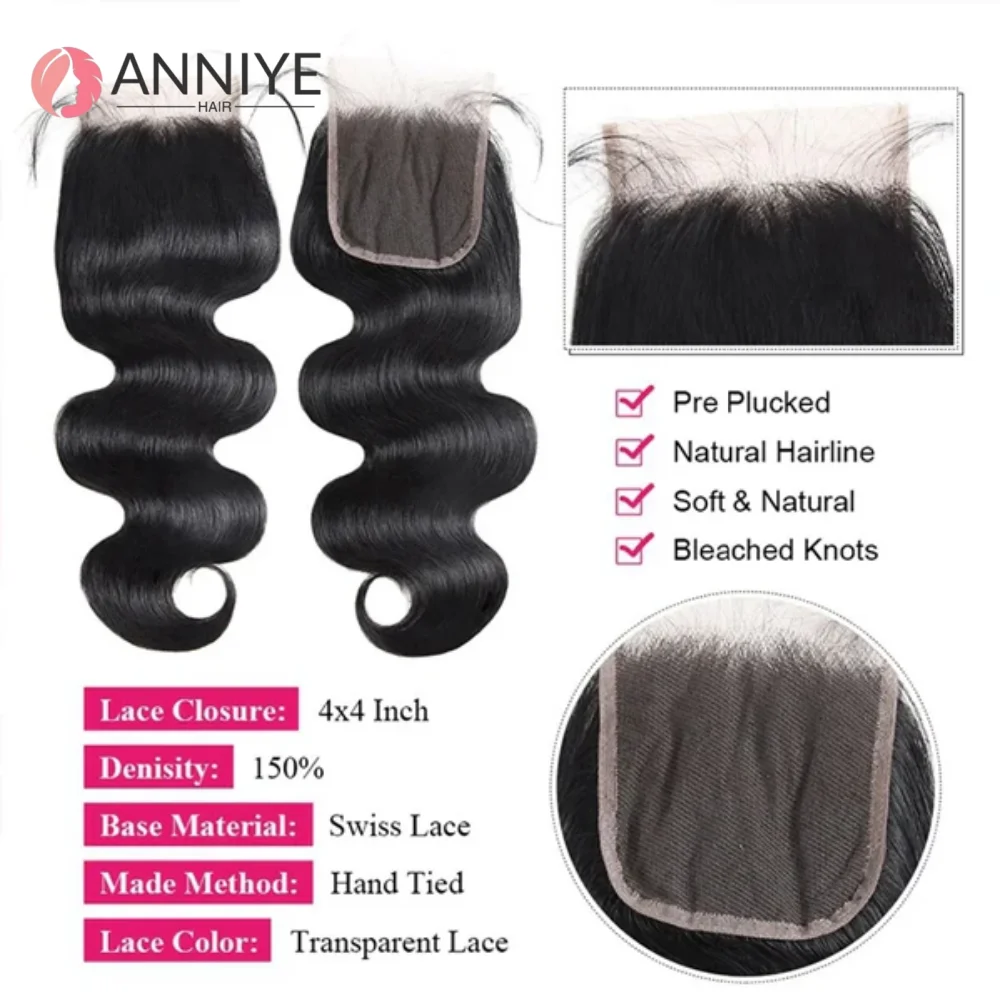 Paquets de vague de corps avec fermeture 4x4 tissage de cheveux 3 paquets avec fermeture à lacets 100% Extensions de cheveux humains avec fermeture à lacets
