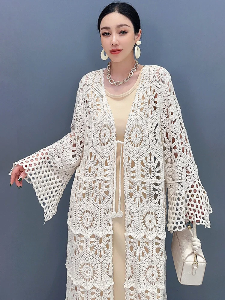 SHENGPALAE 2024 Summer New Women\'s Long Lace Coat With Lace Hooks Hollow Fashionable Elegant Loose Versatile Overcoat 5R9897
