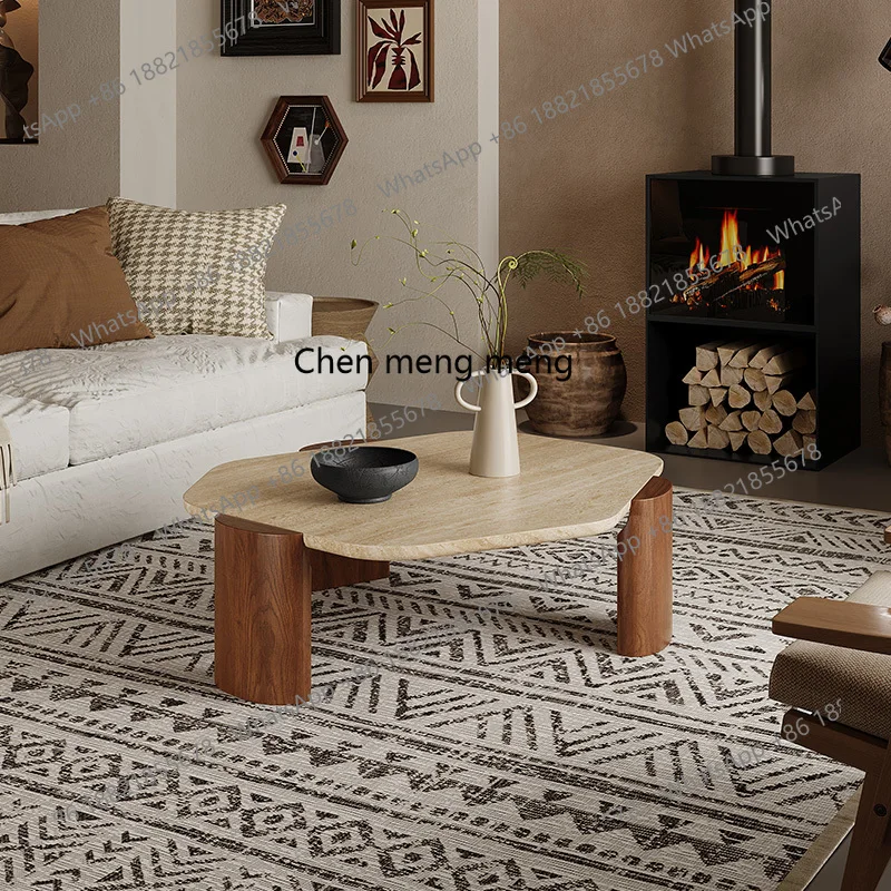 

Retro solid wood travertine coffee table small apartment living room home creative low table, marble coffee table